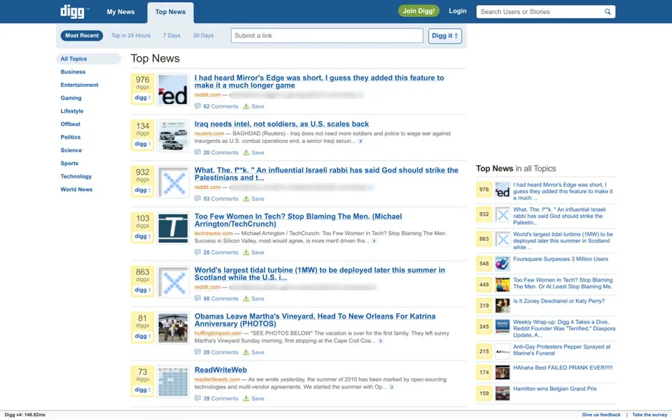 Digg news page: My News, categories down the left and reddit.com under prominent stories. Selected text is blurred.