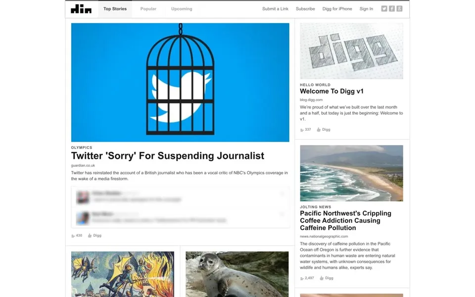 Digg homepage: a large story image and Welcome To Digg v1. Embedded member posts are blurred.