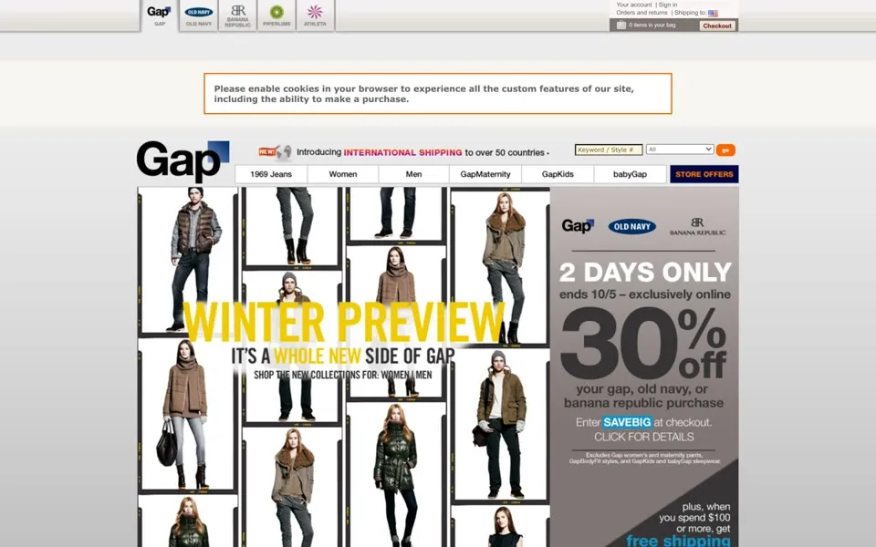 Gap homepage: black letters and a small gradient square. A browser-cookie notice remains above the store.