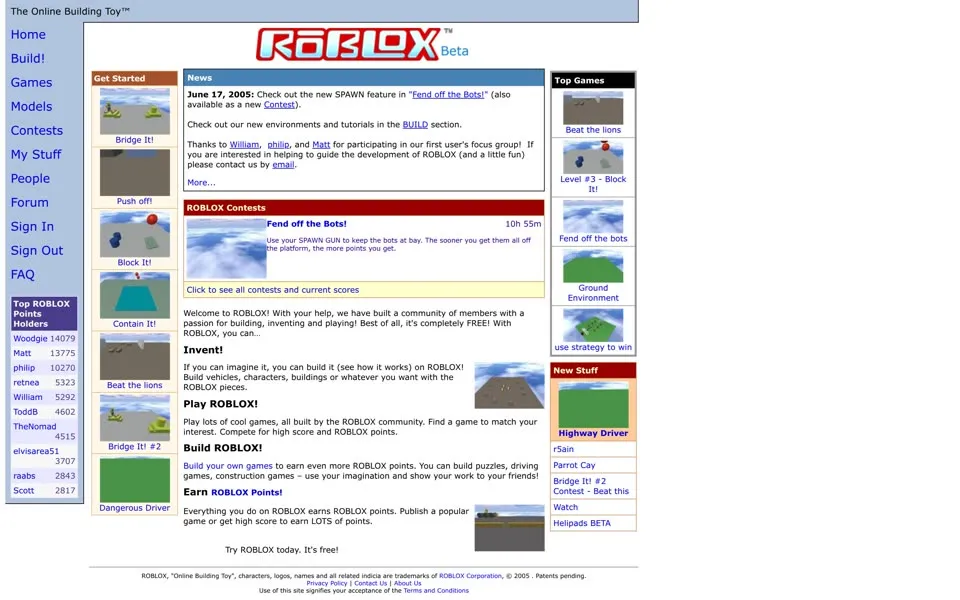 roblox.com homepage in 2005