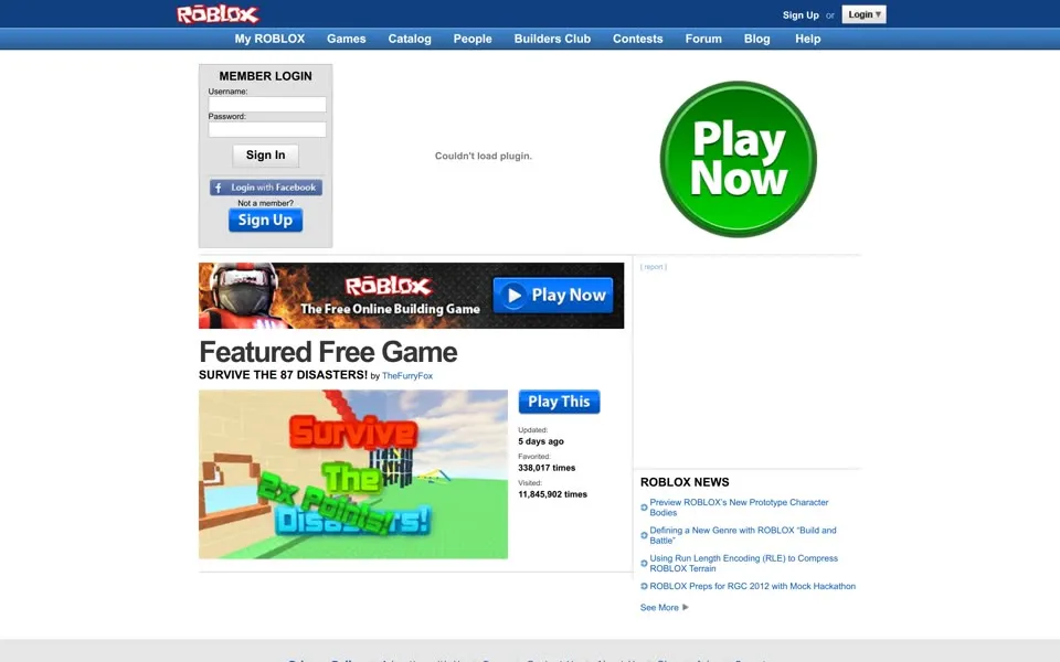 roblox.com homepage in 2012