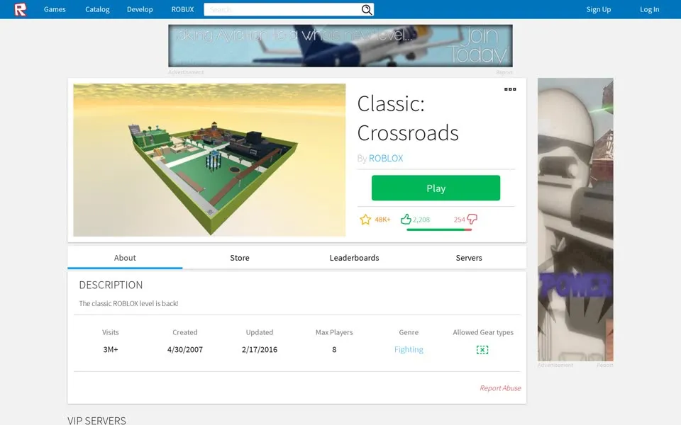 Roblox Classic: Crossroads game page, February 2016, with a green Play button and 3M+ visits