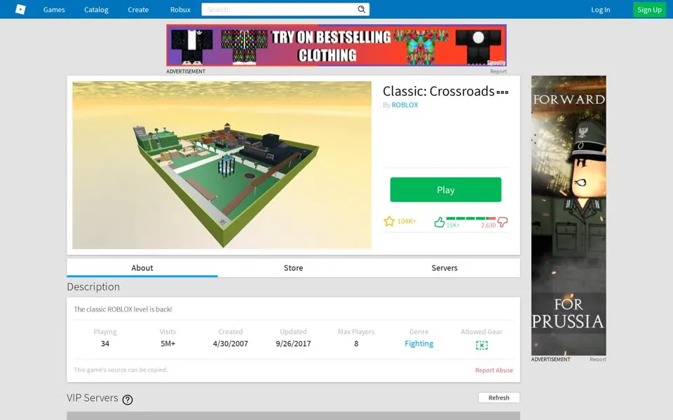 Roblox Classic: Crossroads game page, July 2018, under a clothing advert