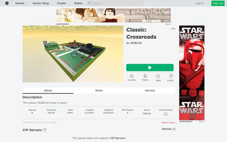 Roblox Classic: Crossroads game page, January 2020, with a green play arrow button