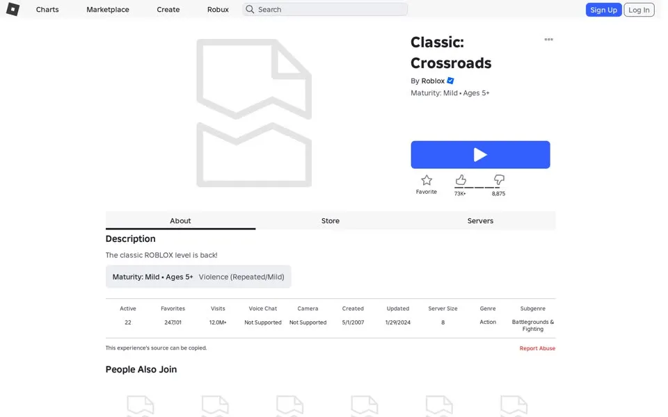 Roblox Classic: Crossroads game page, January 2026, with a blue play button and a maturity label