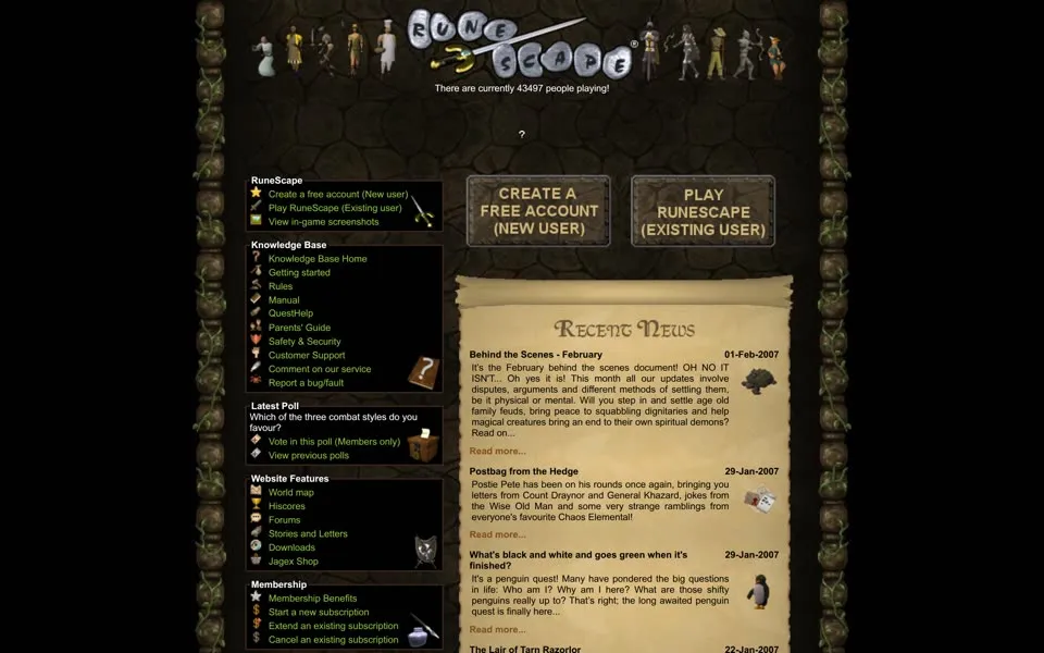 runescape.com homepage in 2007