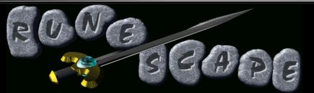RuneScape logo on the 2000 runescape.com homepage: Grey stone letters straddle a diagonal sword.
