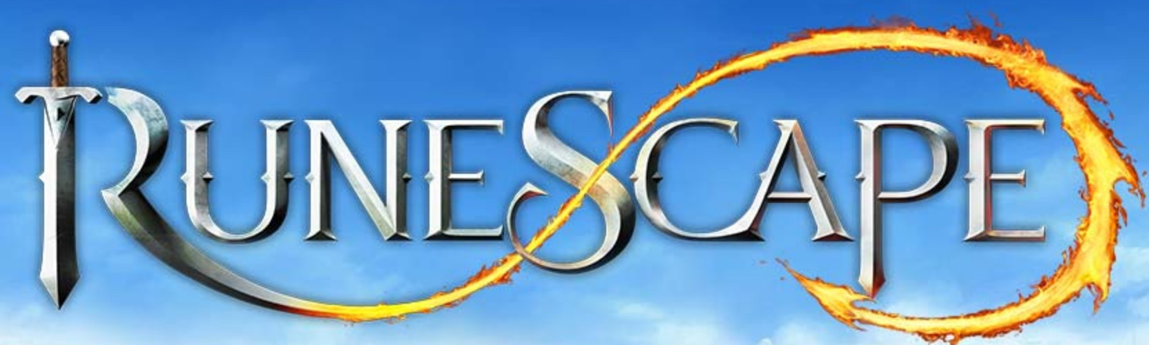 RuneScape logo on the 2014 runescape.com homepage: A fiery gold loop wraps around the silver wordmark.