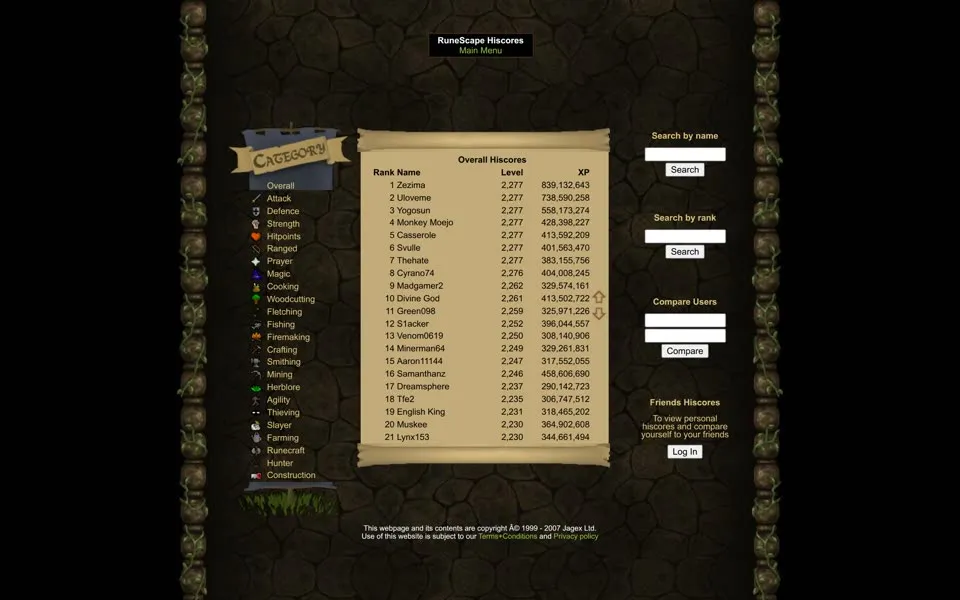 RuneScape HiScores page, 2007-01-14