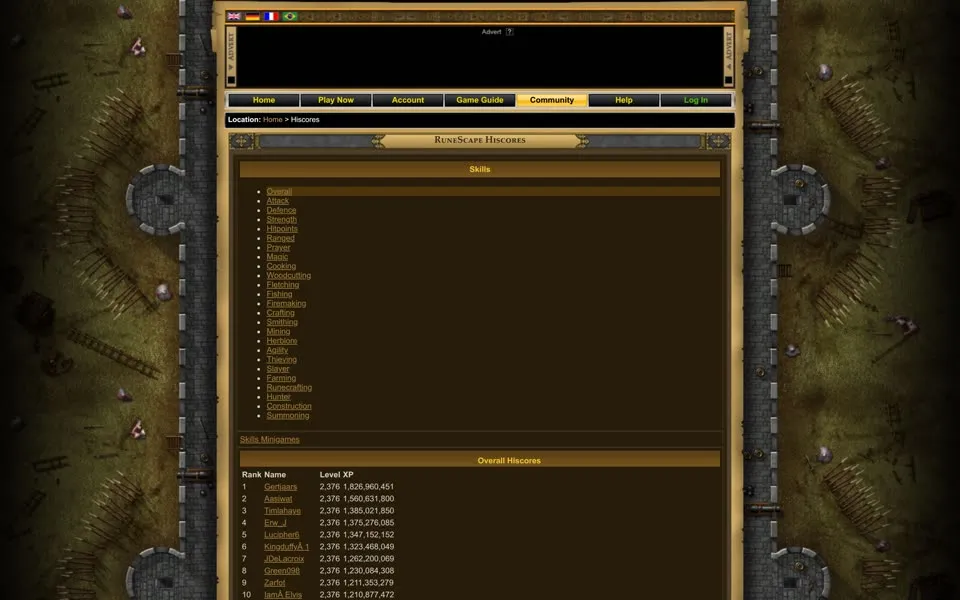 RuneScape HiScores page, 2009-10-24