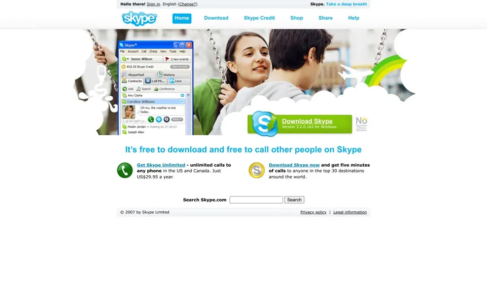 skype.com homepage in 2007