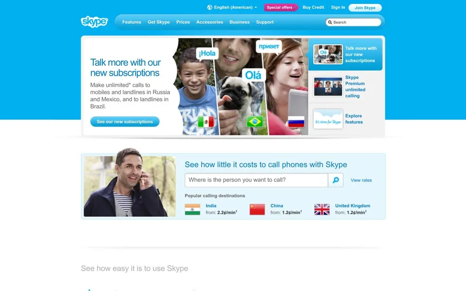 skype.com homepage in 2012