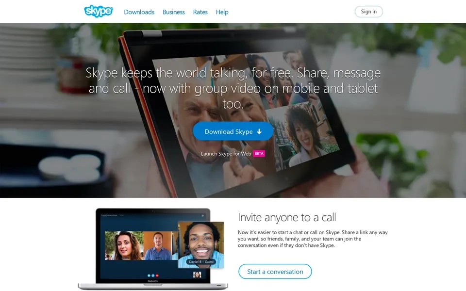 skype.com homepage in 2016