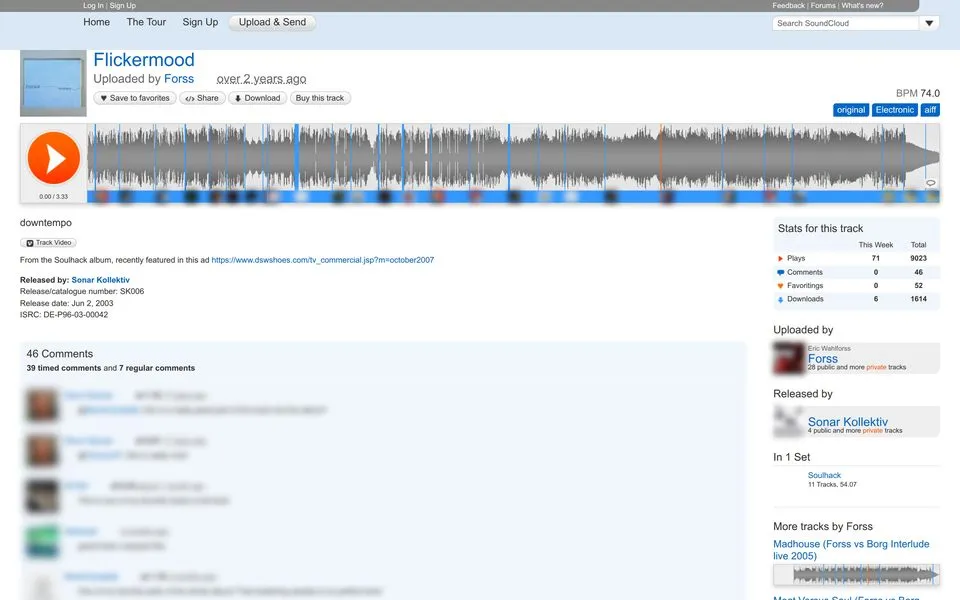 SoundCloud track page for Flickermood by Forss in January 2010: an orange play button and a waveform with listeners’ comments under it