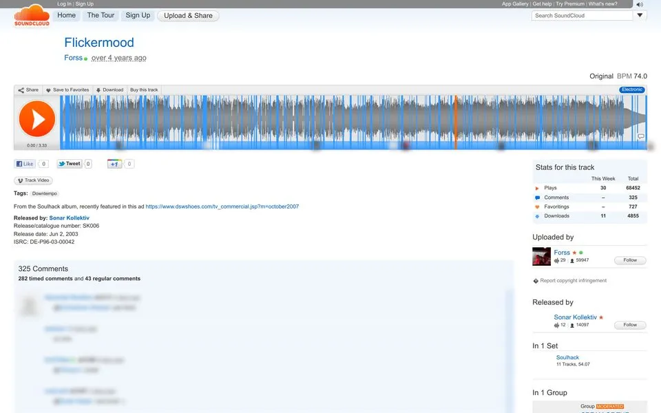 SoundCloud track page for Flickermood in January 2012: the waveform crossed by blue timed-comment markers