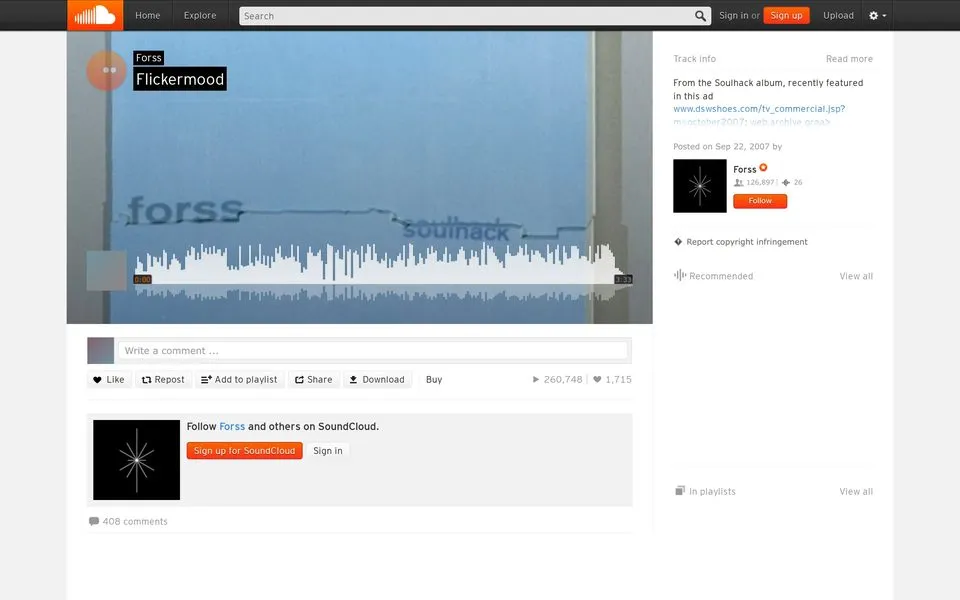 SoundCloud track page for Flickermood in January 2015: the blue album cover fills the player behind a white waveform