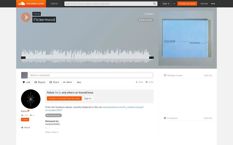 SoundCloud track page for Flickermood in January 2017: a grey player with the album cover in a square on the right