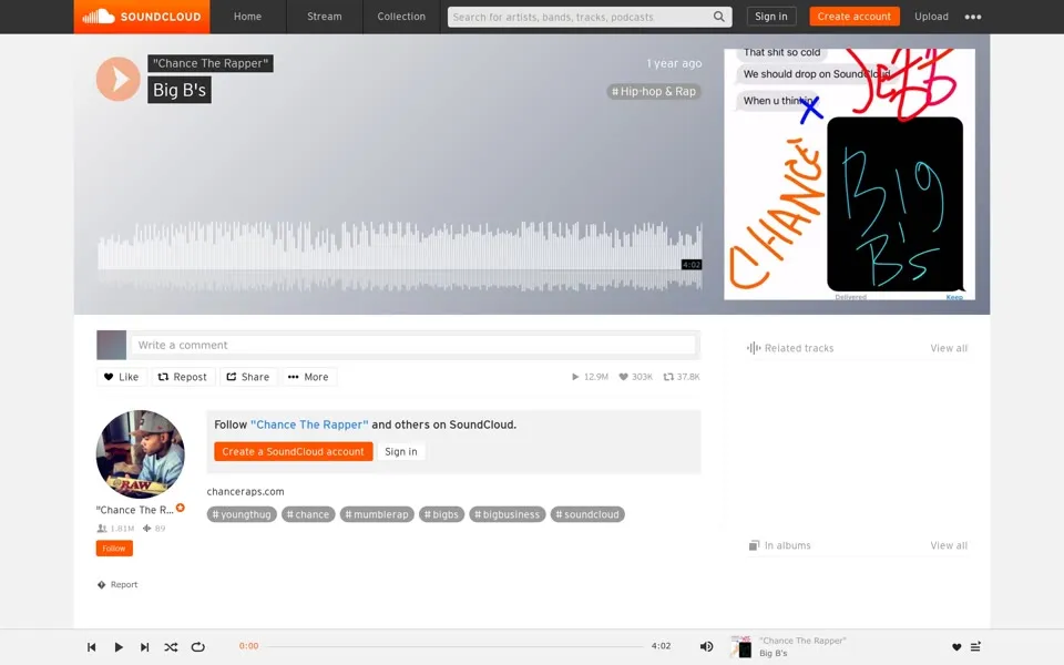 SoundCloud track page for Big B's by Chance The Rapper, captured January 9, 2019