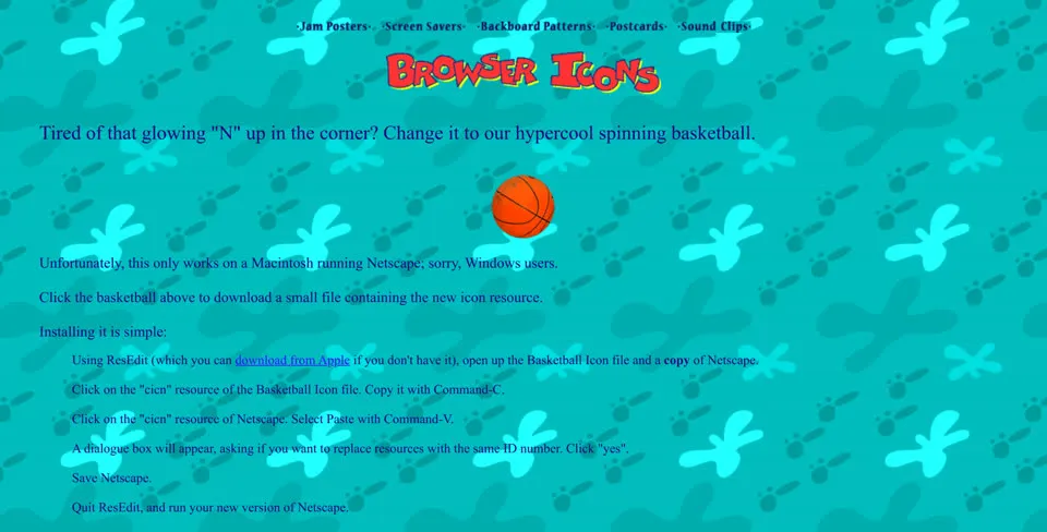 Space Jam's 1996 Browser Icons page, live in October 2026: a spinning basketball to replace the Netscape N, Mac only, installed with ResEdit