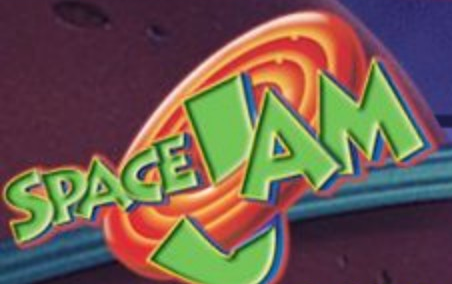 Space Jam logo on the 2004 spacejam.com homepage: The letters and long J turn green against red rings.