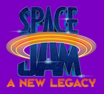 Space Jam logo on the 2026 spacejam.com homepage: Stacked blue letters add a gold ring and A New Legacy subtitle.