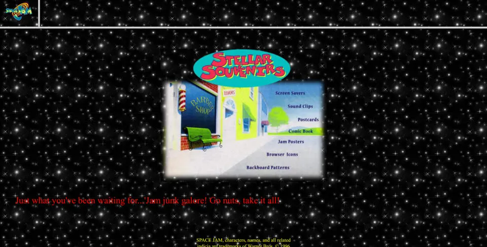 Space Jam's Stellar Souvenirs page from 1996, live in October 2026: a street with a barber shop and a LOANS sign, and a menu of downloads