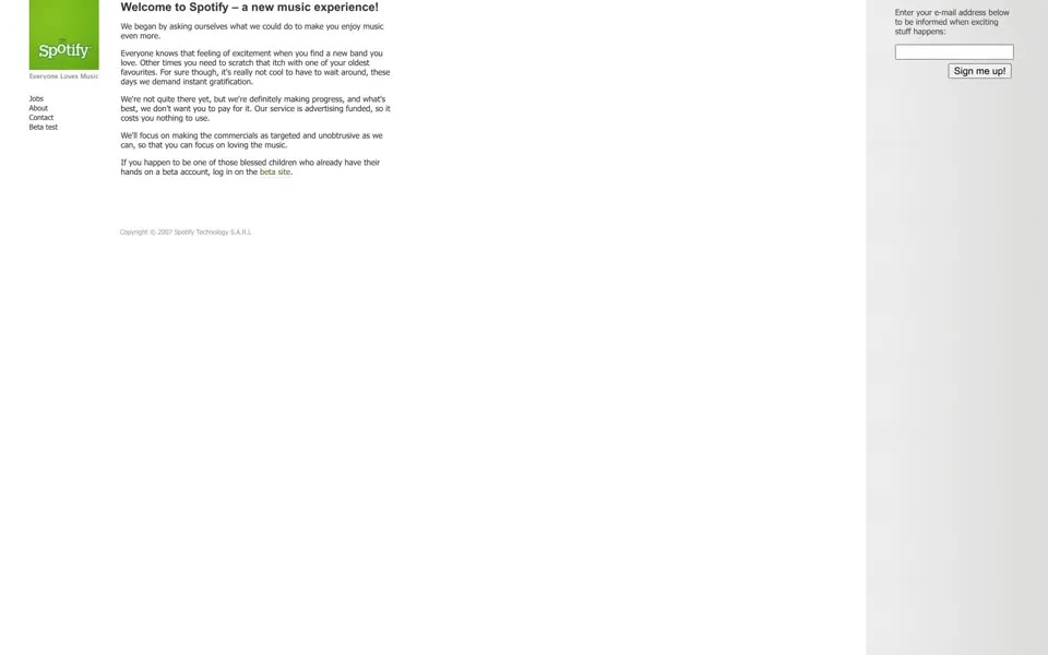spotify.com homepage in 2007