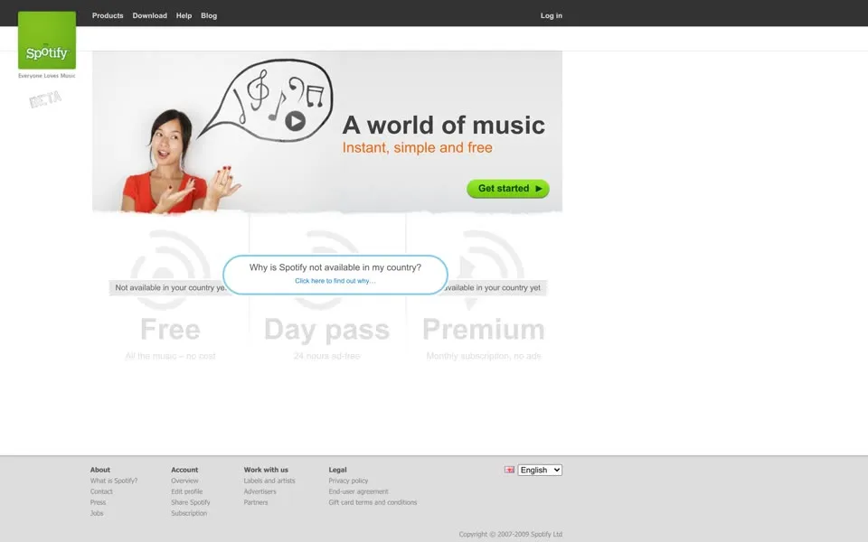 spotify.com homepage in 2009