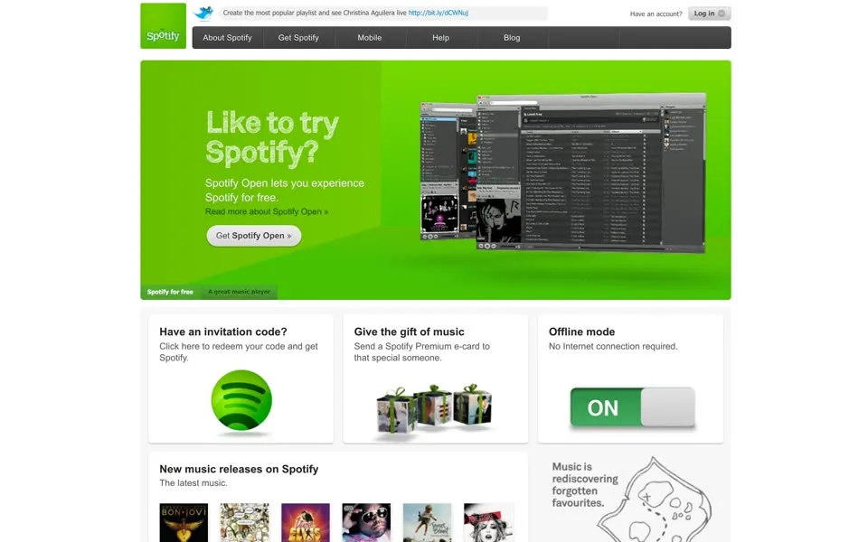 spotify.com homepage in 2010