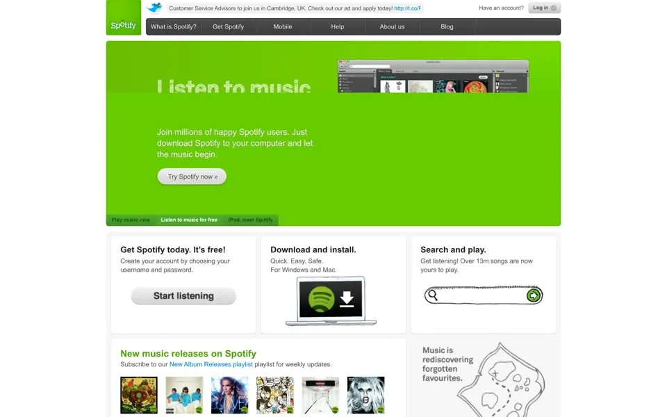 spotify.com homepage in 2011