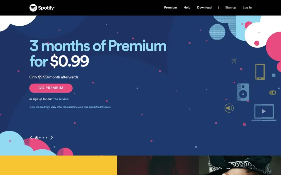 Spotify US homepage, December 31, 2015: 3 months of Premium for $0.99 on a dark blue banner
