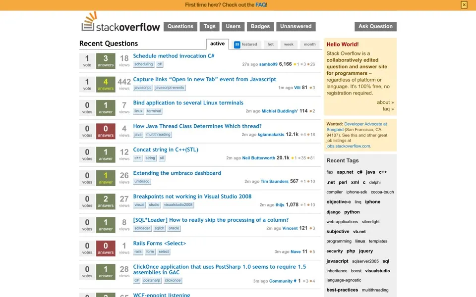stackoverflow.com homepage in 2009
