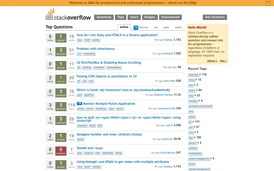 stackoverflow.com homepage in 2010
