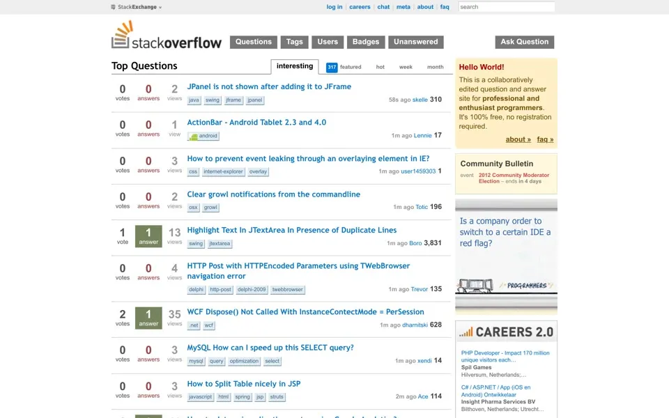 stackoverflow.com homepage in 2012