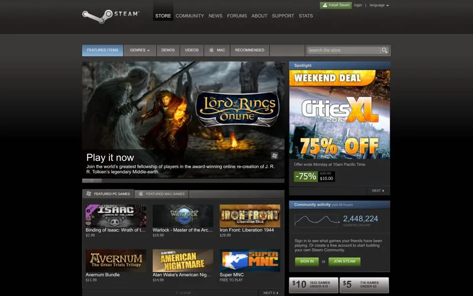 steampowered.com homepage in 2012