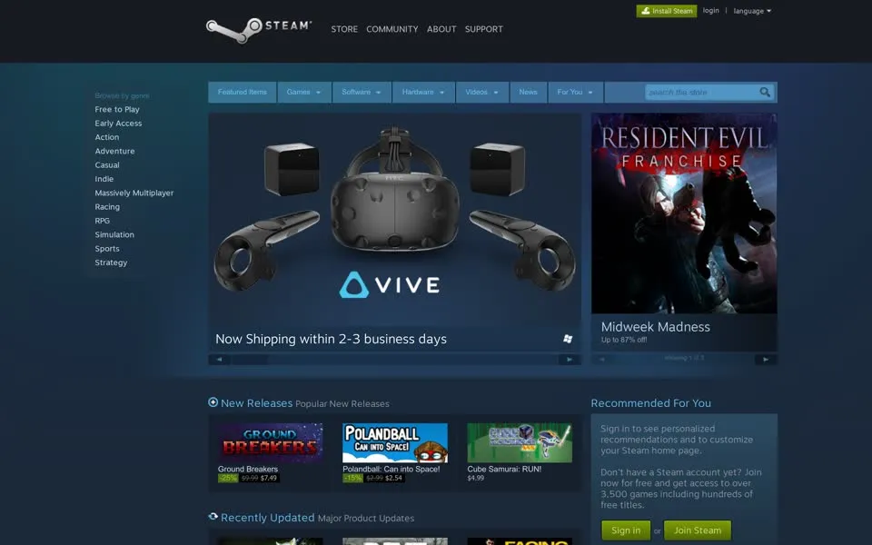 steampowered.com homepage in 2016