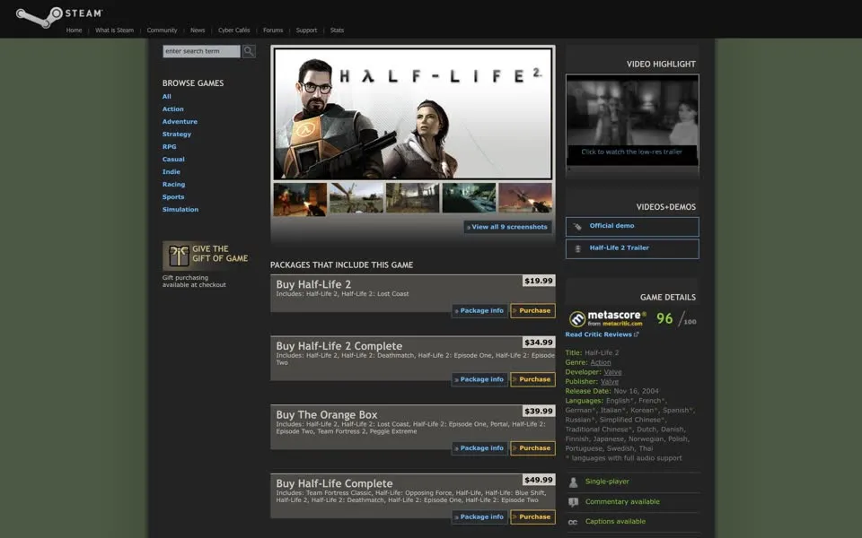 Steam store page for Half-Life 2, September 13, 2008