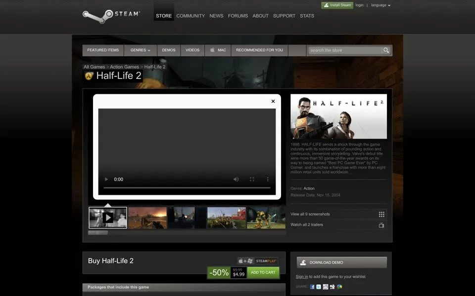 Steam store page for Half-Life 2, January 1, 2011