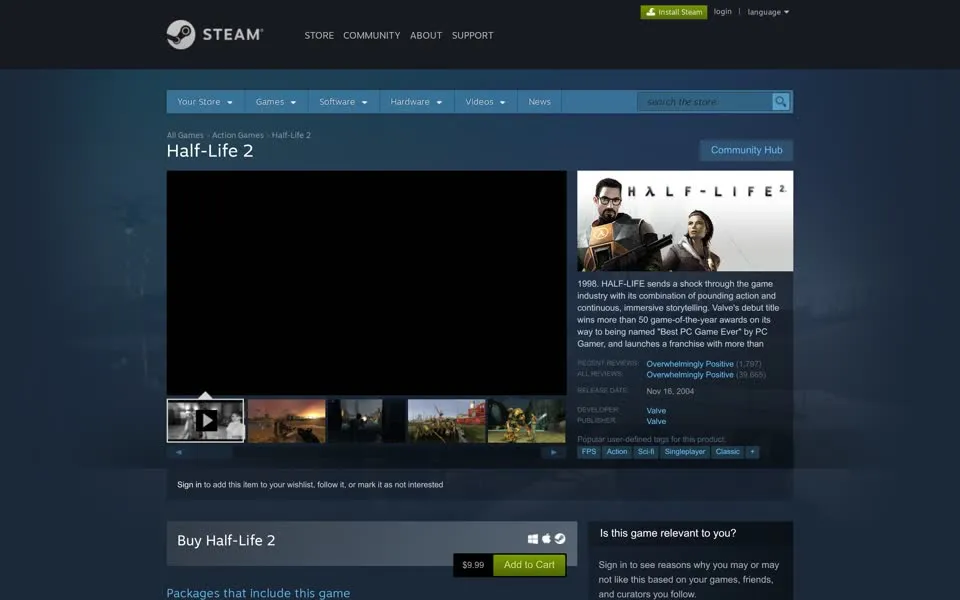 Steam store page for Half-Life 2, January 7, 2018