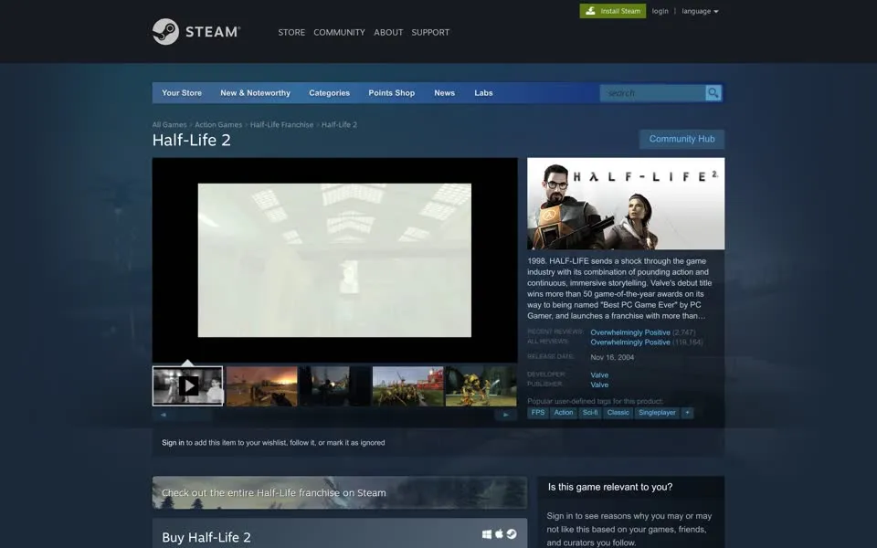 Steam store page for Half-Life 2, January 2, 2023