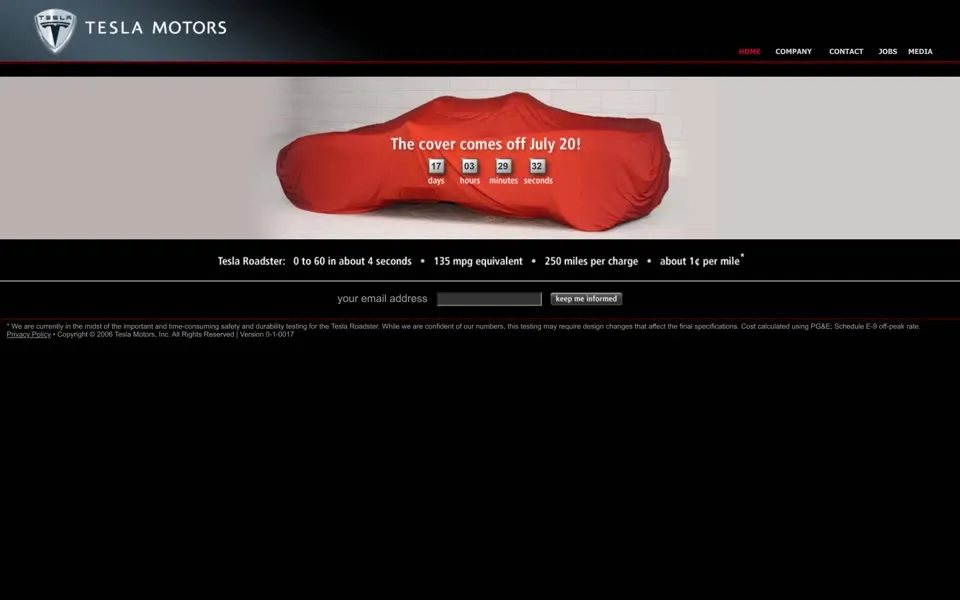 tesla.com homepage in 2006
