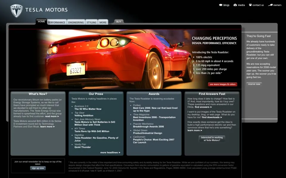 tesla.com homepage in 2007