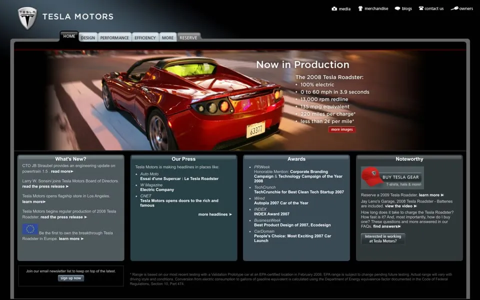 tesla.com homepage in 2008