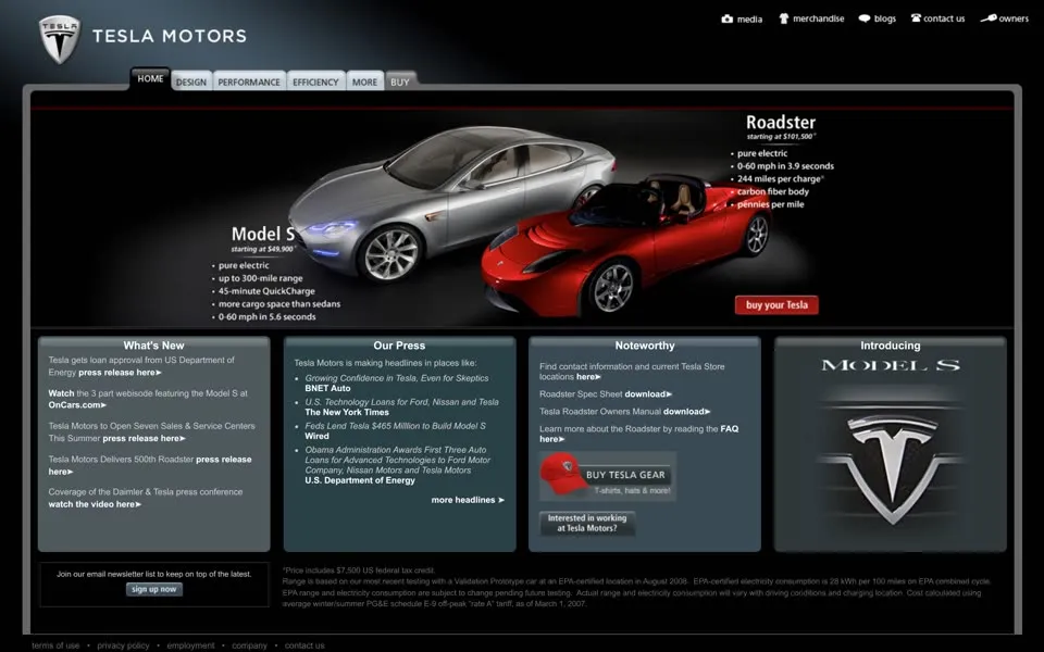 tesla.com homepage in 2009