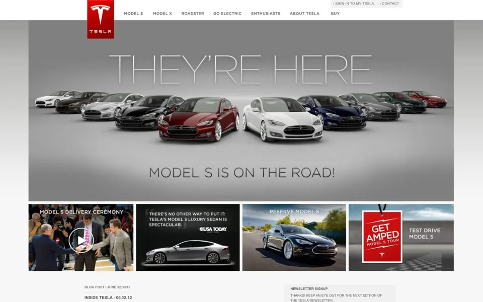 tesla.com homepage in 2012