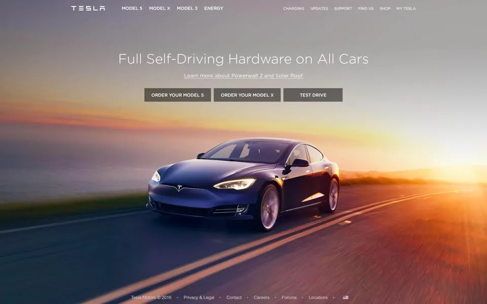 tesla.com homepage in 2016
