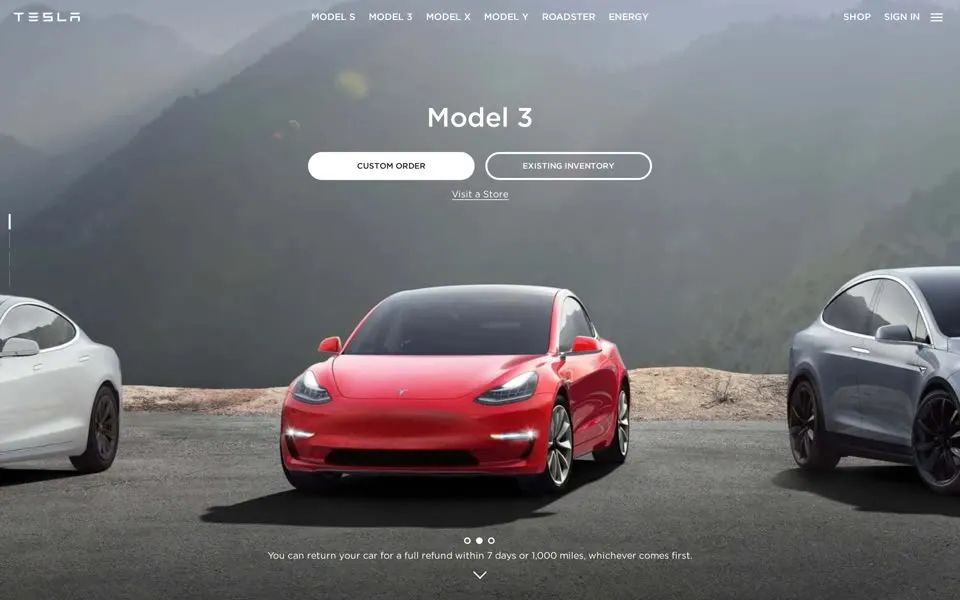 tesla.com homepage in 2019
