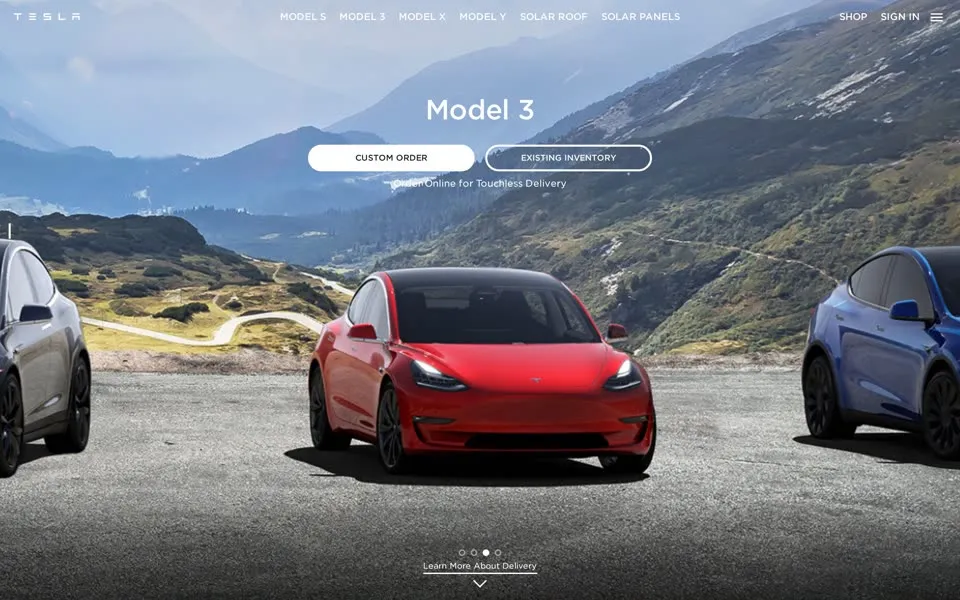 tesla.com homepage in 2020
