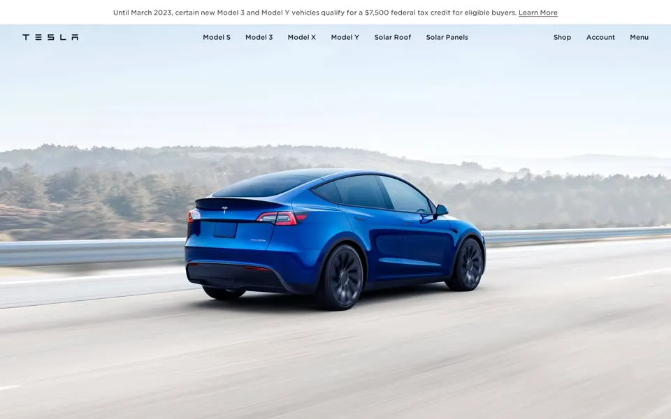 tesla.com homepage in 2023