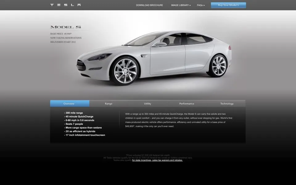 Tesla Model S page, January 2010: Base Price 49,900, Now Taking Reservations